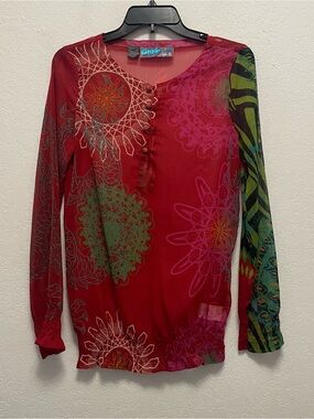 Desigual Blouse Top Shirt Graphic Long Sleeve Button Top Multicolor Art Print M